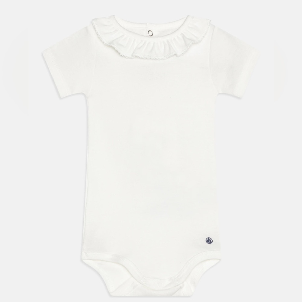Petit Bateau ruffled collar bodysuit, white, sz 18 months.
